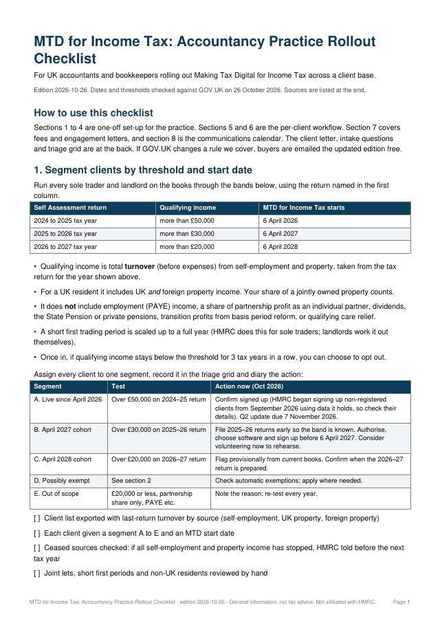 Page 1 of the Accountancy Practice Rollout Checklist, showing the client segmentation table
